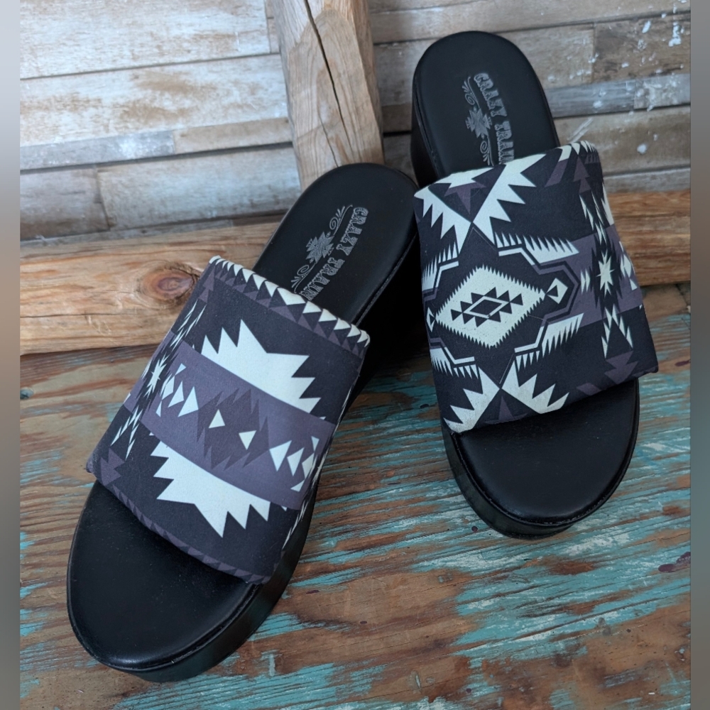 Crazy Train Aztec Black White Boho Slides